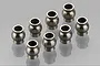 Eight small silver-coloured metal pivot balls arranged on a reflective grey surface.
