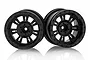 Two black plastic RC car rims with a beadlock-style design, shown against a white background with a reflection.