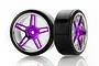 Two RC drift wheels with smooth black tyres and five-spoke purple and silver chrome rims against a white background.