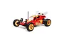 A studio shot of the Losi Mini JRX2 1/16 scale 2WD RC buggy in red with yellow wheels and a white rear wing.