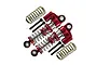 Two red GPM Racing aluminium piggyback shocks for RC cars, with spare springs and mounting screws on a white background.