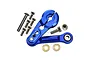 GPM Racing blue anodized aluminium 25T servo horn with attached linkage arm, mounting screws, washers, and a lock nut on a white background.
