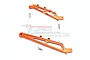 Two orange anodized aluminium chassis braces for an RC car, accompanied by three small metal screws, set against a white background.