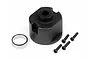 HPI E10 differential case set including a black plastic housing, a metal bushing, and four small black screws on a white background.