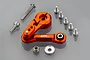 GPM Racing orange anodised aluminium servo horn and linkage set with various mounting screws and hardware on a grey background.