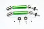 Two green and silver GPM Racing universal drive shafts for RC cars, with included 12mm hex adapters and small hardware components on a white background.