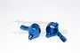 Two blue anodized aluminium front steering hubs for an RC car, shown from different angles against a white background.