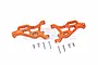 A pair of orange anodized aluminium front lower suspension arms for an RC car, with included mounting screws, against a white background.