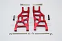 A pair of red anodized aluminium front lower suspension arms for a Traxxas Stampede 2WD, including mounting pins, screws, and E-clips.