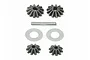 HPI Racing differential bevel gear set including four gears, two washers, and a metal pin on a white background.
