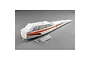 White E-Flite Apprentice STS RC plane fuselage with orange and black decals, including canopy and small hardware parts on a grey background.