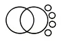 A set of six black rubber O-rings of varying sizes, including two large rings and four smaller rings, arranged on a white background.