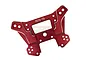 A red anodized aluminium front shock tower for an RC car, featuring multiple mounting holes and 7075-T6 branding.