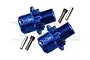 Two blue anodized aluminium +13mm wheel hex adapters with threaded shafts, pins, and grub screws on a white background.