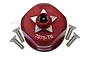 A red anodized aluminium differential case for RC cars by GPM Racing, shown with four included mounting screws on a white background.
