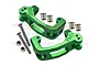 Two green anodized aluminium C-hub steering carriers for RC cars, with included screws, nuts, and bushings, displayed on a white background.