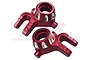 A pair of red anodized aluminium steering hubs for RC cars, featuring GPM branding and 7075-T6 markings.