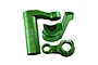 A set of green anodized aluminium RC servo saver components against a white background.