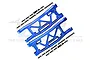 A pair of blue anodized aluminium rear suspension arms for an RC car, accompanied by various screws and hardware, displayed against a white background.