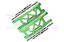 GPM Racing green anodized aluminium rear suspension arms for RC cars, including mounting screws and hardware, displayed against a branded background.
