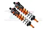 A pair of GPM Racing orange and black aluminium piggyback shock absorbers for RC cars, shown against a white background with a faint watermark.
