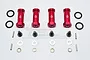 Four red anodized aluminium +25mm RC wheel hex adapters with included mounting hardware, pins, and O-rings on a white background.