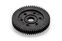 A black plastic spur gear for an RC car, shown from an angled perspective against a white background.