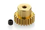 A brass 22-tooth pinion gear for RC vehicles, shown with a small black grub screw on a white background.