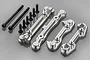 A set of silver aluminium RC suspension arm pin mounts with included black screws and pins on a grey background.