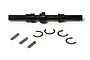 A black metal main gear shaft for an HPI Savage RC car, accompanied by three small metal pins and four E-clips on a white background.