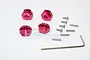 A set of four red anodized aluminium 12mm wheel hex adapters for Traxxas Slash 4x4, including screws, axle pins, and an L-shaped hex key.