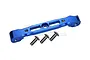A blue anodized aluminium front upper suspension arm pin brace for ARRMA RC vehicles, shown with three included mounting screws.
