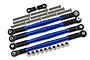 A set of four blue anodized aluminium turnbuckles with black plastic rod ends, accompanied by various steel screws and nuts on a white background.