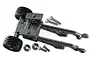 A grey aluminium RC wheelie bar with wing mount by GPM Racing, featuring two black rubber wheels and included mounting hardware on a white background.