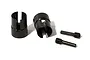 Two black metal drive cups and two threaded metal pins for an RC car on a white background.