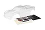 An unpainted, clear polycarbonate RC truck body shell for the Traxxas Maxx, shown with an included decal sheet on a white background.