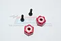 Two red anodized aluminium wheel hex adapters with two black screws on a white background with a GPM Racing logo watermark.