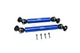 Two blue aluminium GPM Racing centre drive shafts with black universal joints and four small metal grub screws on a white background.