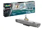 Revell 1/144 scale plastic model kit of a German Type XXI submarine, showing the box packaging and the fully assembled and painted model on a display stand.