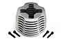 A silver HPI Nitro engine cylinder head with cooling fins and four black mounting screws on a white background.