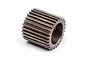 A studio shot of a cylindrical metal idler gear with fine teeth, isolated on a white background.