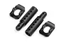 HPI Racing black plastic body post set including two cylindrical posts and two mounting brackets on a white background.