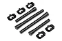 HPI Racing body post set including four black plastic body posts and four mounting brackets on a white background.