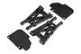 HPI Racing rear suspension arm set including two black plastic suspension arms and two matching flat protective plates on a white background.