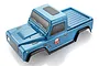 A blue pre-painted RC crawler body shell by RGT, featuring a pickup truck design with black fender flares and RGT branding on the side.