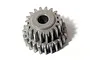 A silver-coloured metal two-stage spur gear for an RC vehicle, shown from a high-angle perspective against a white background.