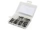 A clear plastic storage box filled with various sizes of stainless steel RC screws, organized into compartments.