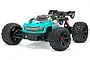 Studio shot of the ARRMA Kraton 4S V2 BLX RC monster truck in teal and black, featuring aggressive off-road tires and a rear wing.