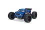 ARRMA Outcast 4x4 BLX 4S RC stunt truck in blue with large off-road tires and a detailed pickup truck body shell.