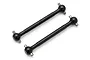 Two black metal RC car drive shafts with universal joints at both ends, isolated on a white background.